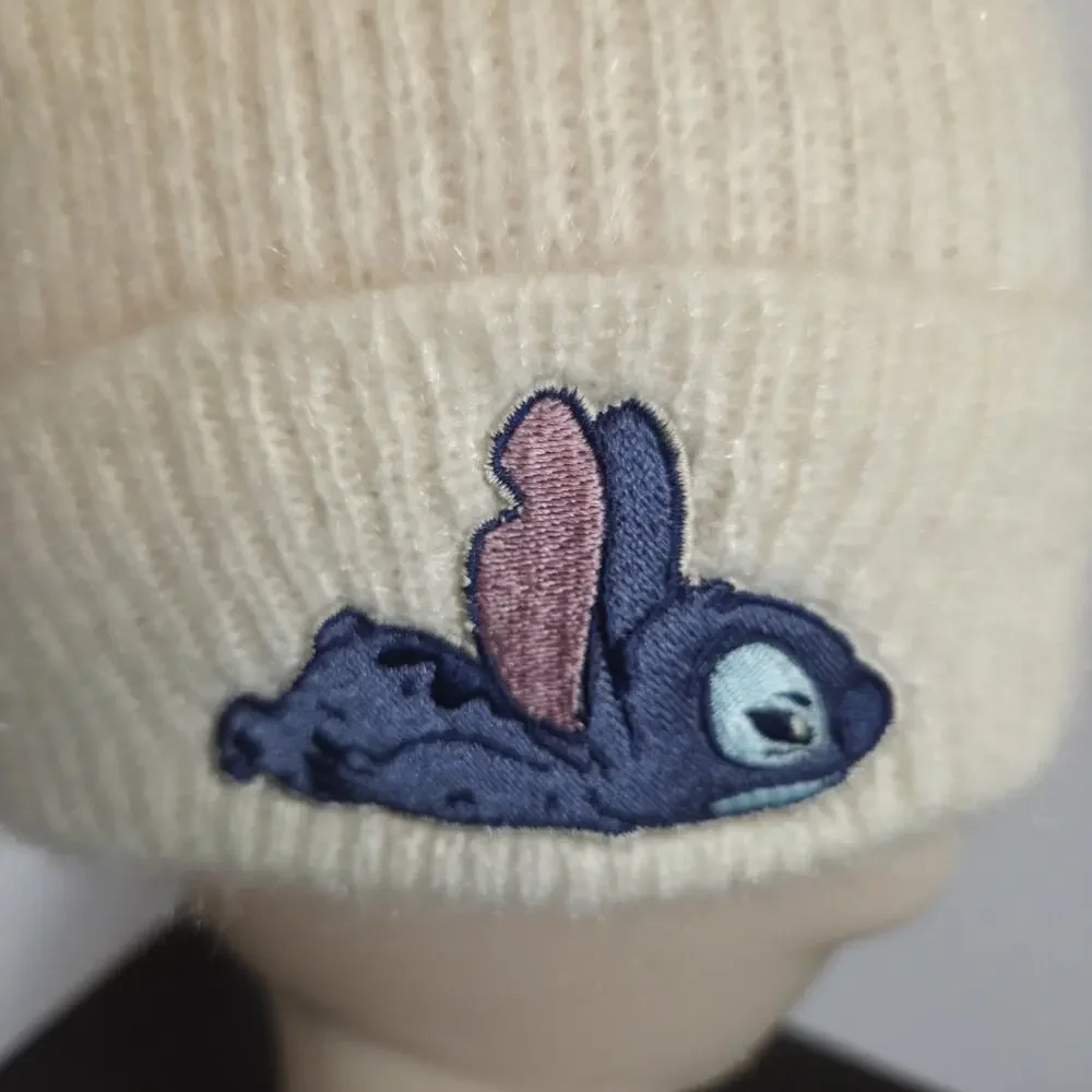 Stitch Knit Beanie Hat Embroidered Appliqués Unisex Warm Stretchy Cream One Sz